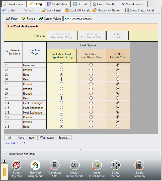 The Size/Cost Assignments panel defined for the General Junctions.